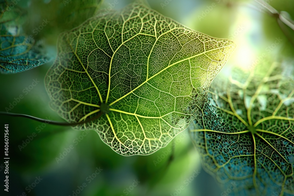 Poster detailed close-up of translucent leaves with intricate vein patterns, illuminated by soft, natural l