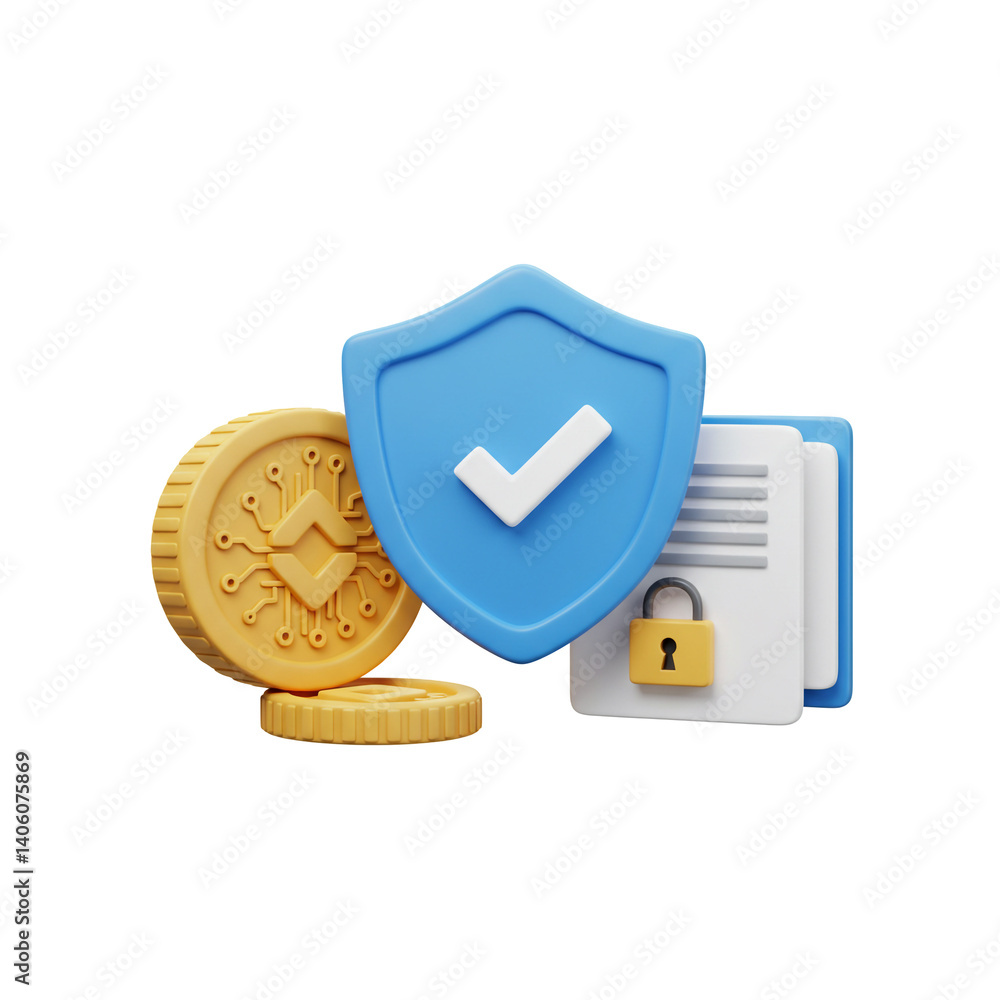 Poster secured cryptocurrency transactions with shield protection and data encryption lock 3d illustration