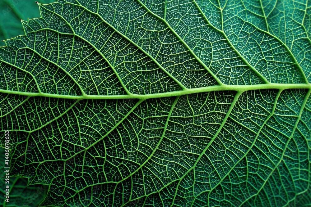 Poster an intricate close-up showcasing the delicate veins of a vibrant green leaf, revealing the complex p