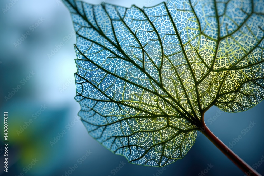Aufkleber an intricate close-up of a translucent leaf with detailed vein patterns against a soft blue backgrou