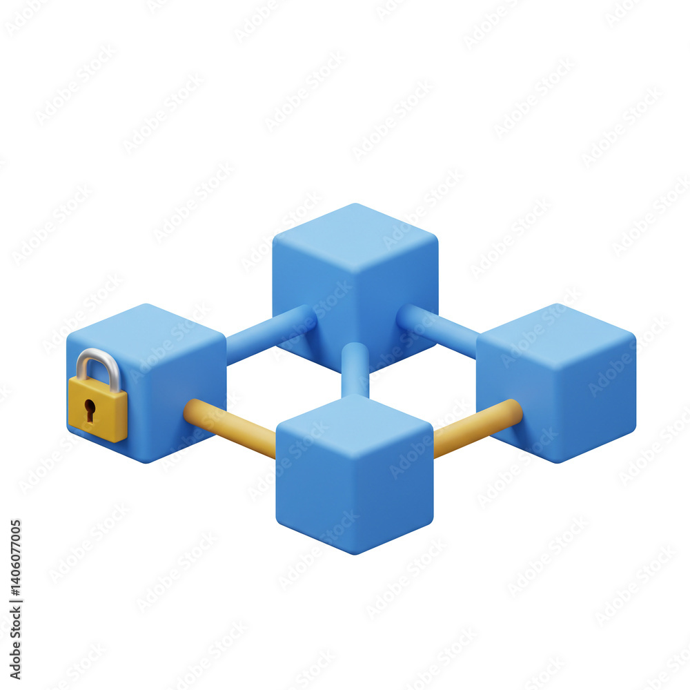 Aufkleber blockchain network with padlock securing data in a decentralized system 3d illustration
