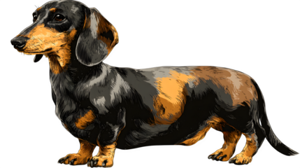 Black and brown dachshund dog drawn in a lovable art style on a transparent background --ar 16:9 --v 7.0