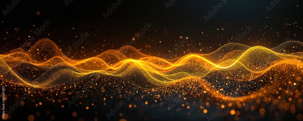 Poster dynamic yellow lines flowing over black background. futuristic tech design elements, ideal for moder