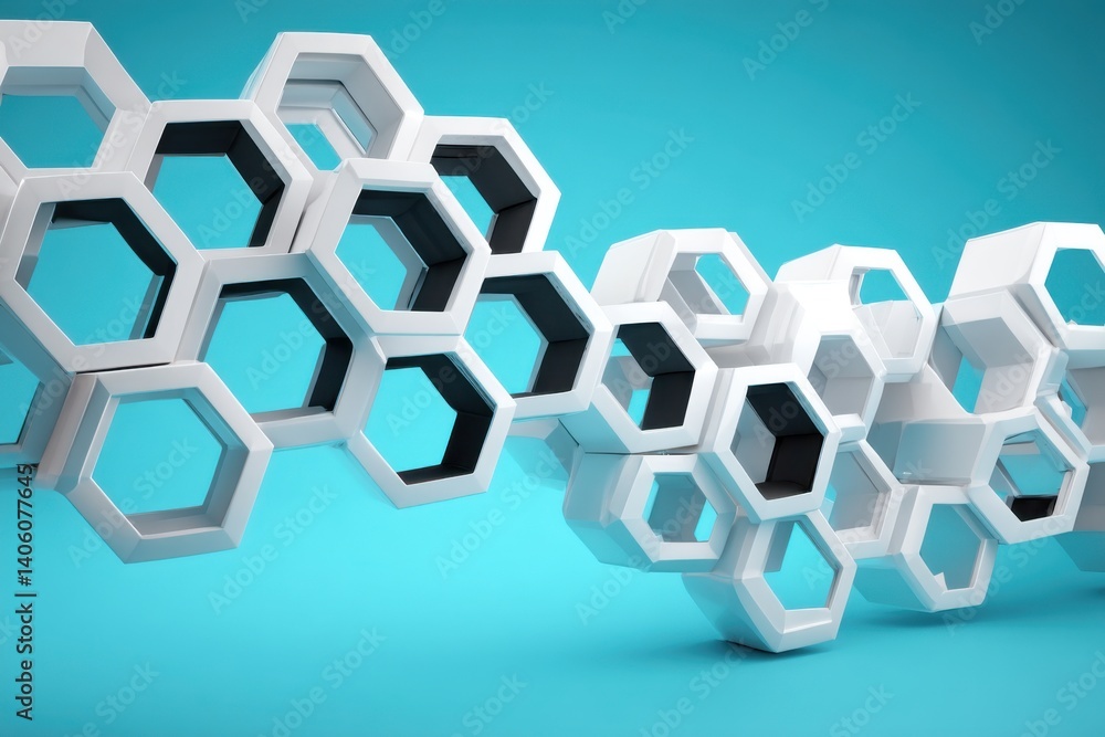 Poster a modern abstract background with interconnected white hexagonal shapes, creating a honeycomb patter