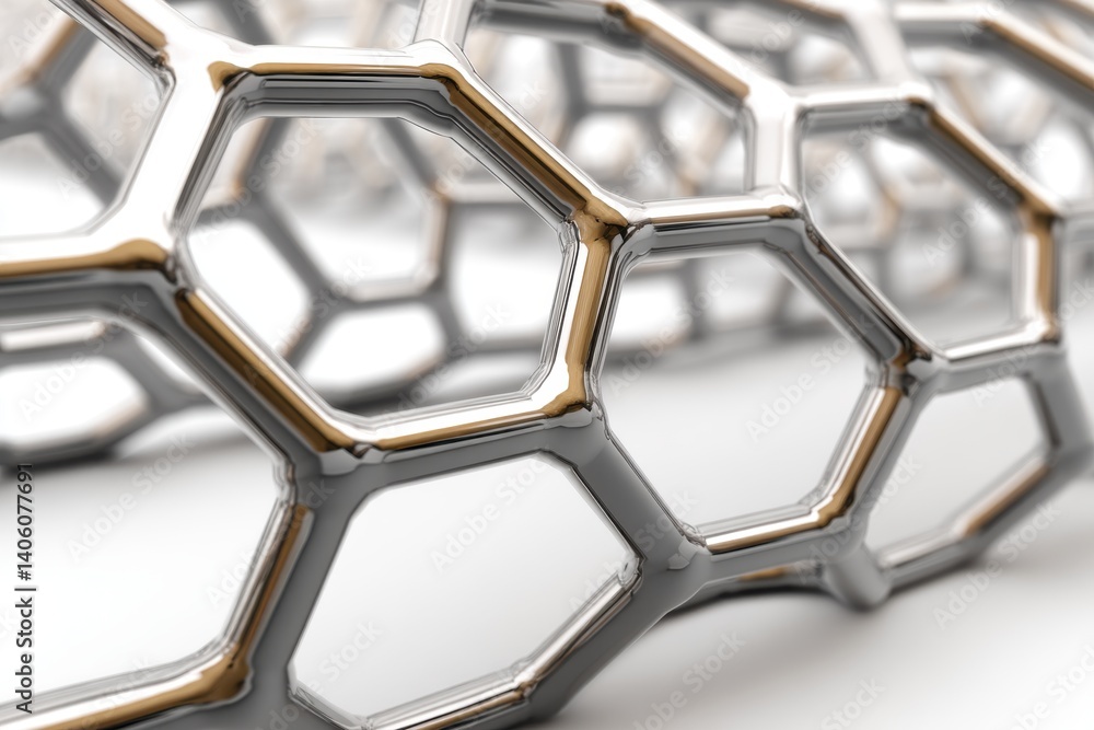 Poster close-up of a futuristic carbon nanotube structure, displaying hexagonal repeating patterns, reflect