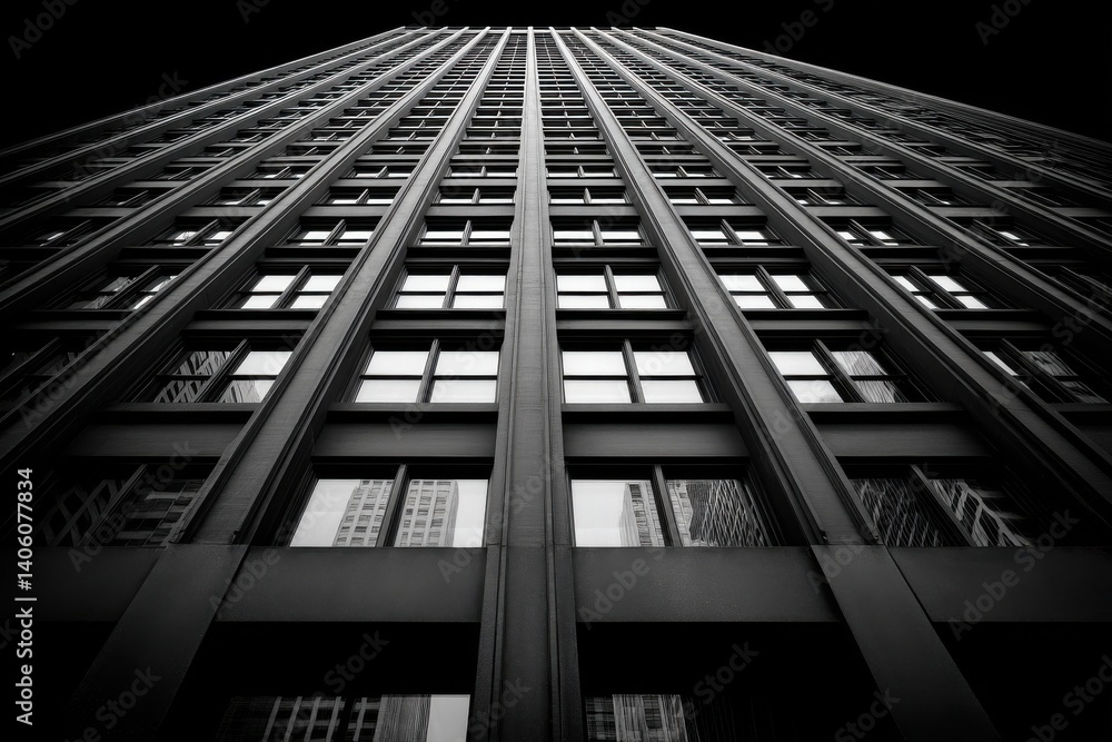Poster a dramatic black and white low angle shot of a towering skyscraper, showcasing its repetitive window