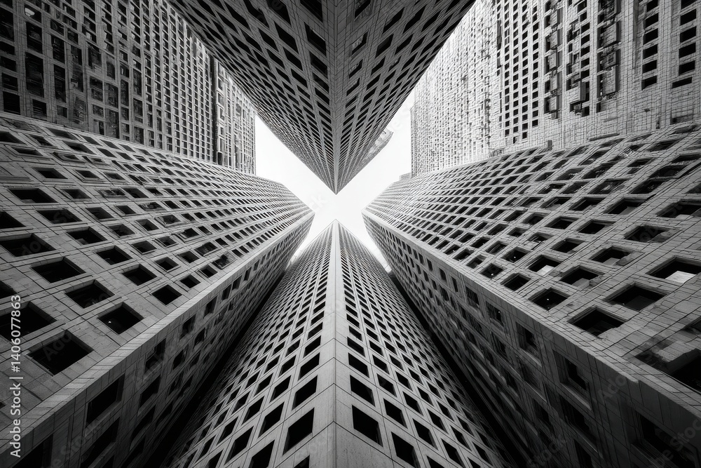 Poster a monochrome shot captures the towering skyscrapers with their intricate architectural patterns, con