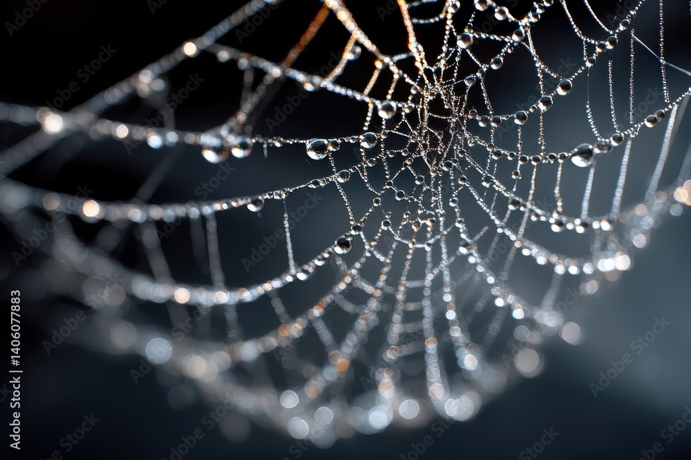 Poster a detailed close-up captures a spider web adorned with glistening water droplets, creating an intric