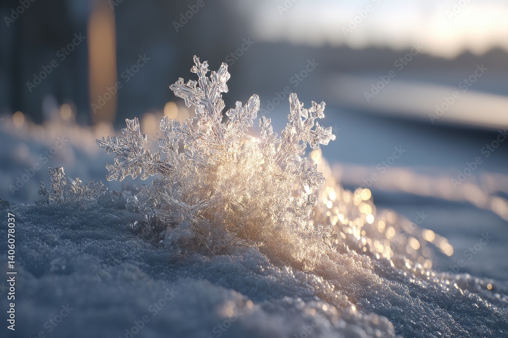 Poster a macro shot of a delicate snowflake resting on a snowy surface, bathed in the golden light of a win