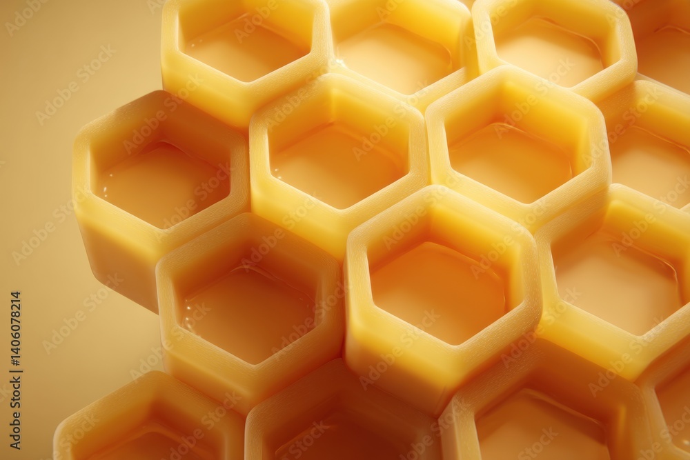 Poster a close-up view of a honeycomb filled with golden honey, showcasing the natural hexagonal pattern an