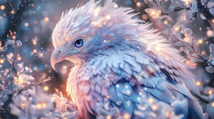 Obraz premium Mystical eagle with shimmering plumage amidst glowing blossoms, ethereal atmosphere, captivating fantasy art.