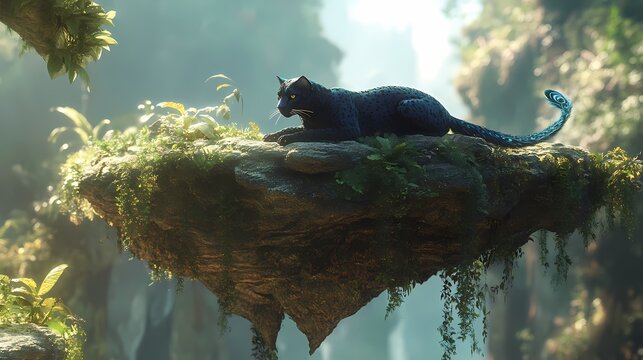 Futuristic feline fantasy lush floating island vibrant greenery serene atmospheric setting suspenseful tranquility