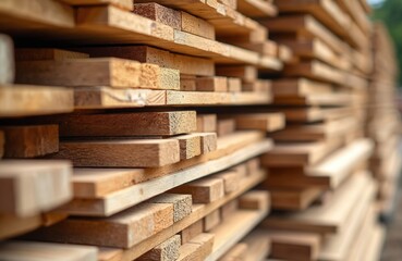 Fototapeta premium Stack wooden boards. Construction material. Timber wood blanks at sawmill. Construction, carpentry, home improvement, furniture production. Hardwood, softwood planks ready for build.