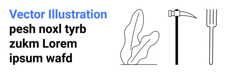 Hand hoe, pitchfork, abstract plant sketch, and placeholder text in clean, minimalist style. Ideal for agriculture, gardening, nature concepts, eco-friendly themes minimalist branding farm tools