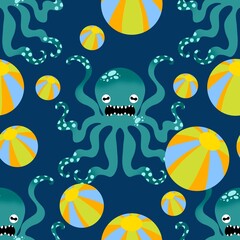 Summer ocean animals seamless cute octopus pattern for kids clothes print and wrapping paper for fabrics