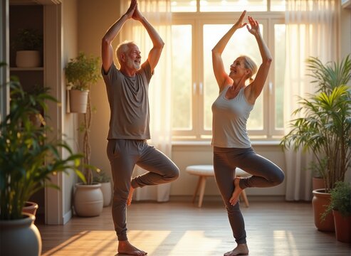 elderly couple practicing yoga together performing a gentle tree pose with arms raised. The background shows a cozy home interior with potted plants and a warm morning light