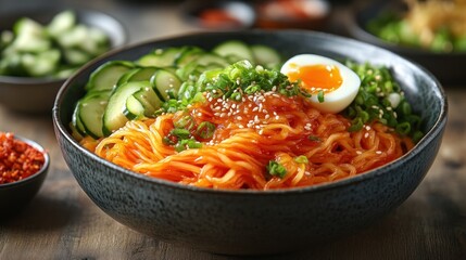 A bowl of spicy noodles with fresh vegetables and a softboiled egg perfect for food photograp