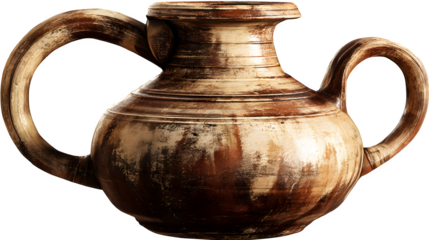 Clay brown jug depicted in antique pottery style on a transparent background --ar 16:9 --v 7.0