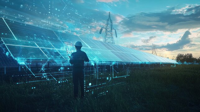 A futuristic solar farm with an engineer analyzing holographic data on energy production.