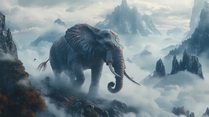 Giant mythical elephant in misty mountains, epic fantasy landscape, mysterious and majestic atmosphere.