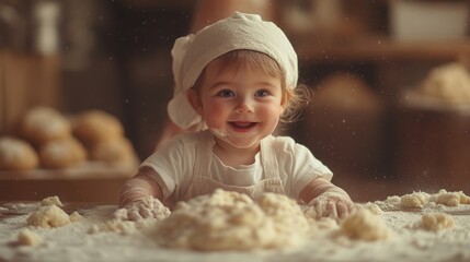 A joyful child in a chefs hat playing with dough perfect for themes of baking childhood and
