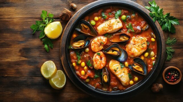 A hearty seafood stew served in a rustic bowl garnished with lemon and herbs perfect for culi