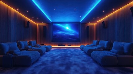 Naklejka premium Modern Home Theater with Ambient Lighting and Comfortable Seating for an Immersive Movie Experi