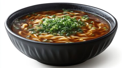 A steaming bowl of noodle soup topped with fresh green onions perfect for culinary and food ph