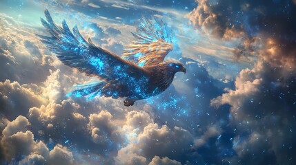 Fototapeta premium Majestic bird soaring through celestial clouds glowing with ethereal blue light in a dreamy sky.