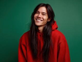 Fototapeta premium Smiling person with long dark hair in a vibrant red hoodie against a solid color background. Their relaxed pose and genuine smile create a warm and welcoming atmosphere