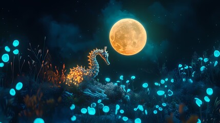 Majestic dragon among glowing flora under radiant moonlit sky, fantasy realm, dreamlike ambiance, enchanting scene