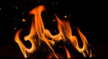 Fiery orange and yellow flames dance against a black background, creating a dynamic texture; concept for fire safety awareness campaigns, energy, and abstract art