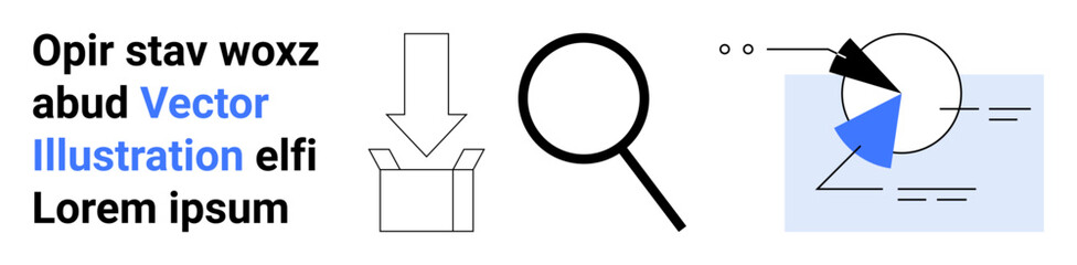 Magnifying glass, box with downward arrow, analytic diagram, and placeholder text elements. Ideal for data analysis, focus, organization, instruction, design exploration simple landing page