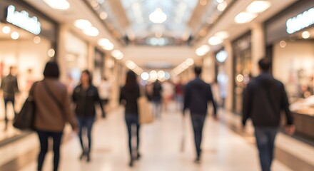 Blurred image of people walking in a modern shopping mall, concept for retail, marketing, and advertising campaigns