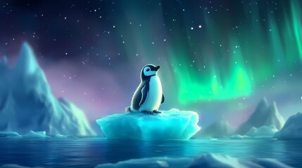 Penguin on ice under vibrant auroras in a starry sky, serene arctic scene with glowing water and icebergs.