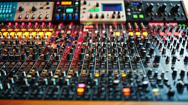 Studio mixing console close-up; audio production; control room; knobs; lights; music recording