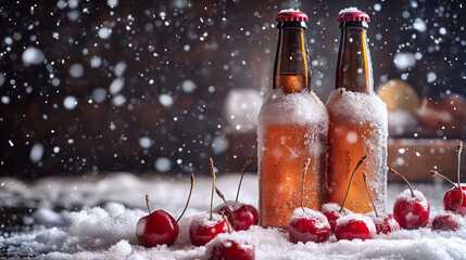 craft beer bottles in snow with fresh cherries. concept of winter festivity, chilled beverages, holiday indulgence, copy space
