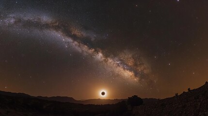 Fototapeta premium Night sky with milky way galaxy and a solar eclipse over a mountainous landscape at twilight hour