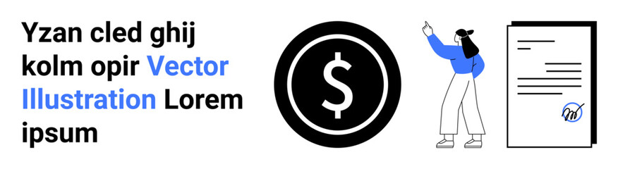Woman in blue pointing at document, large dollar sign circle, placeholder text. Ideal for finance, contracts, economy, business, agreements, presentations simple landing page