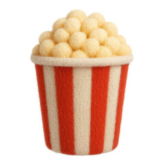 Close-up of a plush toy resembling a tub of popcorn with yellow fluffy kernels in a red-and-white striped container, set against a transparent background
