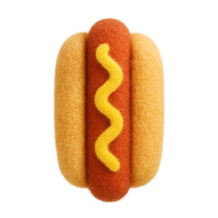Top-down view of a plush toy hot dog with a fuzzy bun, textured sausage, and a wavy yellow mustard line, all rendered in soft fabric on a transparent background
