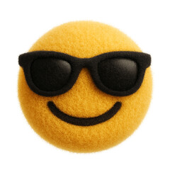 Plush toy designed as a cool emoji face wearing black sunglasses, with a cheerful smile and fuzzy yellow texture, set against a clean white background.