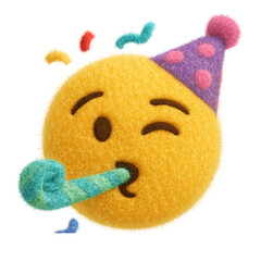 Playful plush toy emoji with a winking face, wearing a party hat and blowing a party horn, surrounded by colorful confetti, made from soft fuzzy fabric on a transparent background