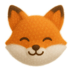 Adorable plush toy emoji of a smiling fox face with closed eyes and soft, fuzzy orange and white fabric, presented with a transparent background for flexible use