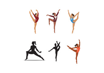 Set of gymnasts in various poses, showcasing flexibility and athleticism