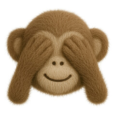Plush toy emoji of a smiling monkey covering its eyes with both hands, crafted from soft brown fuzzy fabric and displayed on a transparent background for adaptable use