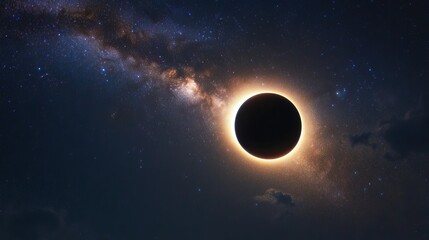 Fototapeta premium A solar eclipse with the milky way galaxy in the background with a dark blue sky above it all