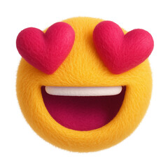 Plush toy emoji with an open smile and heart-shaped eyes, crafted from fuzzy yellow and pink fabric, expressing love and excitement, isolated on a transparent background