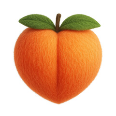 Plush toy emoji shaped like a ripe peach with a vivid orange fuzzy texture and two green felt leaves, displayed on a transparent background for versatile creative use
