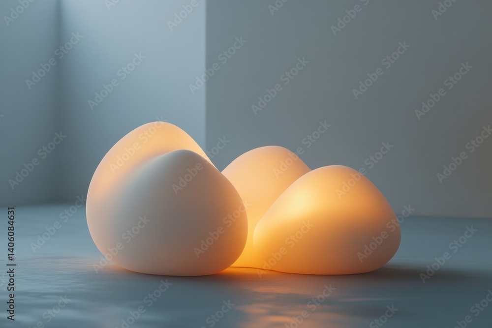Poster soft glowing eggs arranged on a smooth surface in a minimalist setting